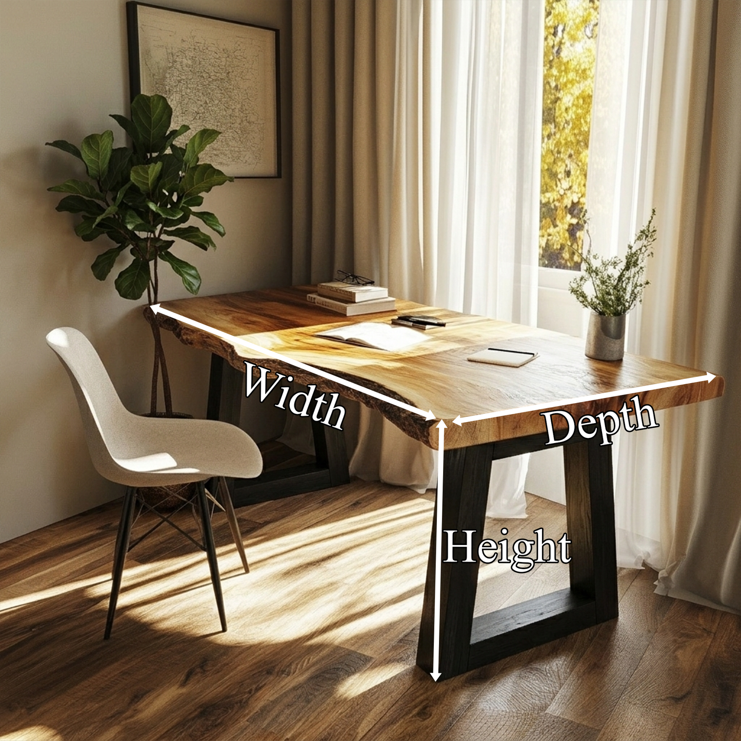 Modern Desk With Live Edge Solid Wood Top And Steel Base For Workspace