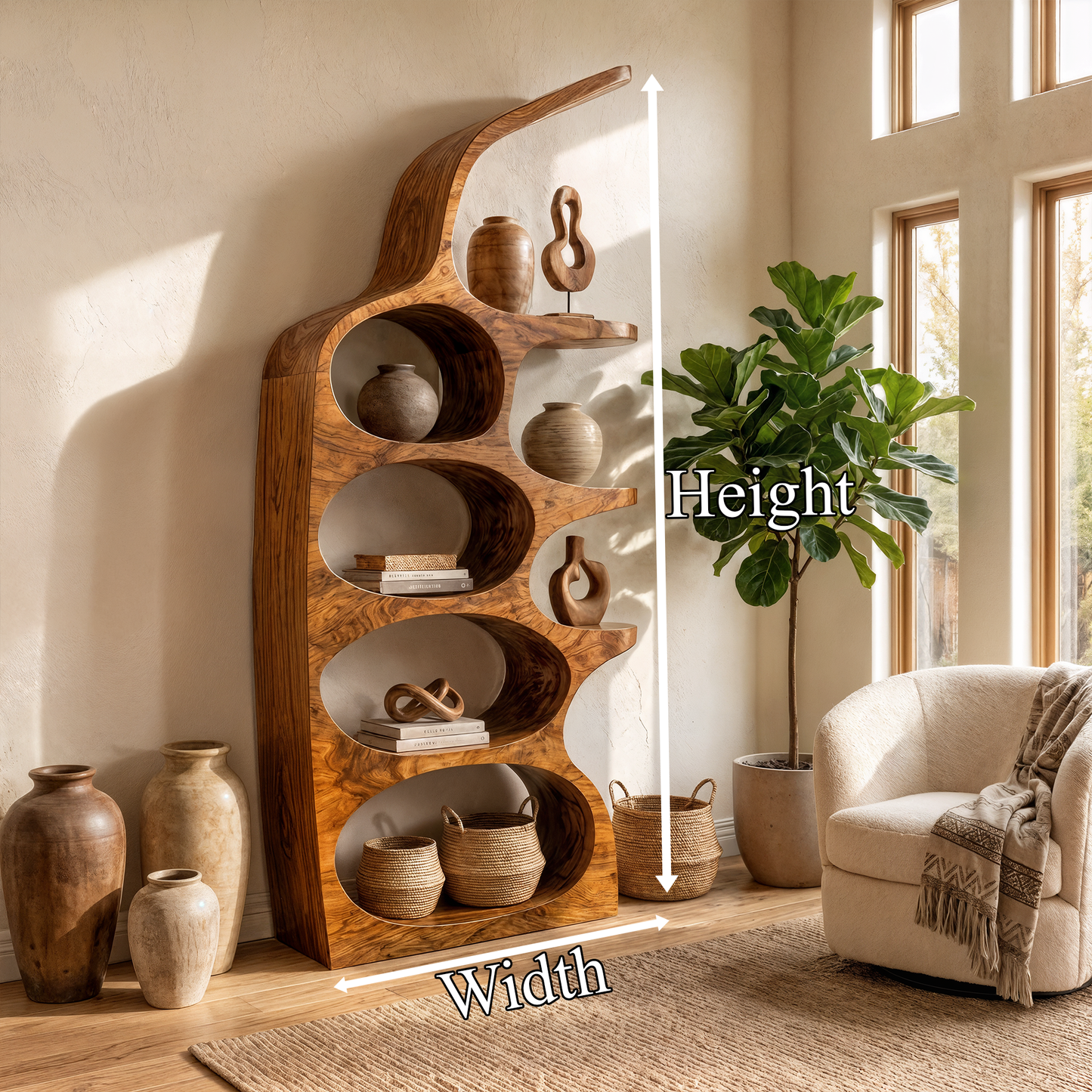 Modern Sculptural Bookshelf With Curved Open Shelves And Solid Wood Design For Living Room