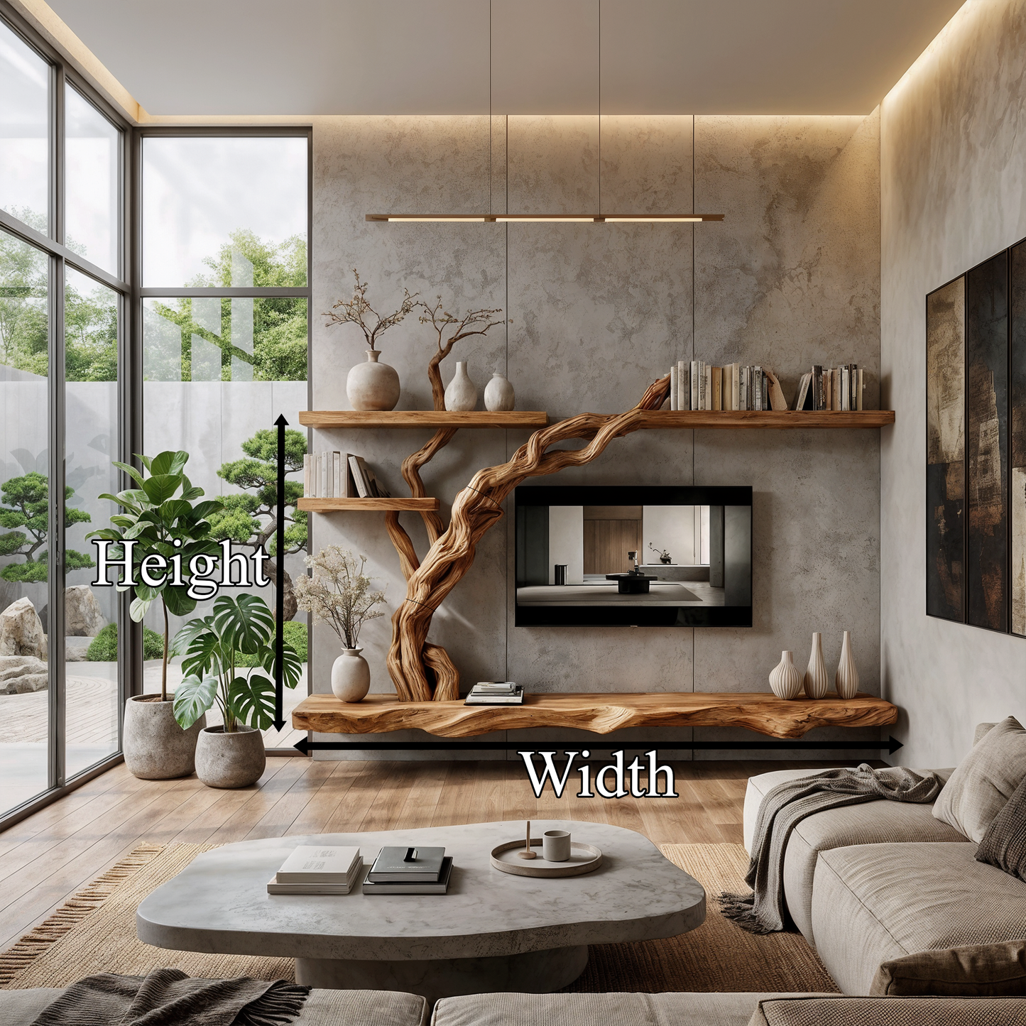 Rustic Wall Mounted TV Stand With Natural Wood Design For Living Room