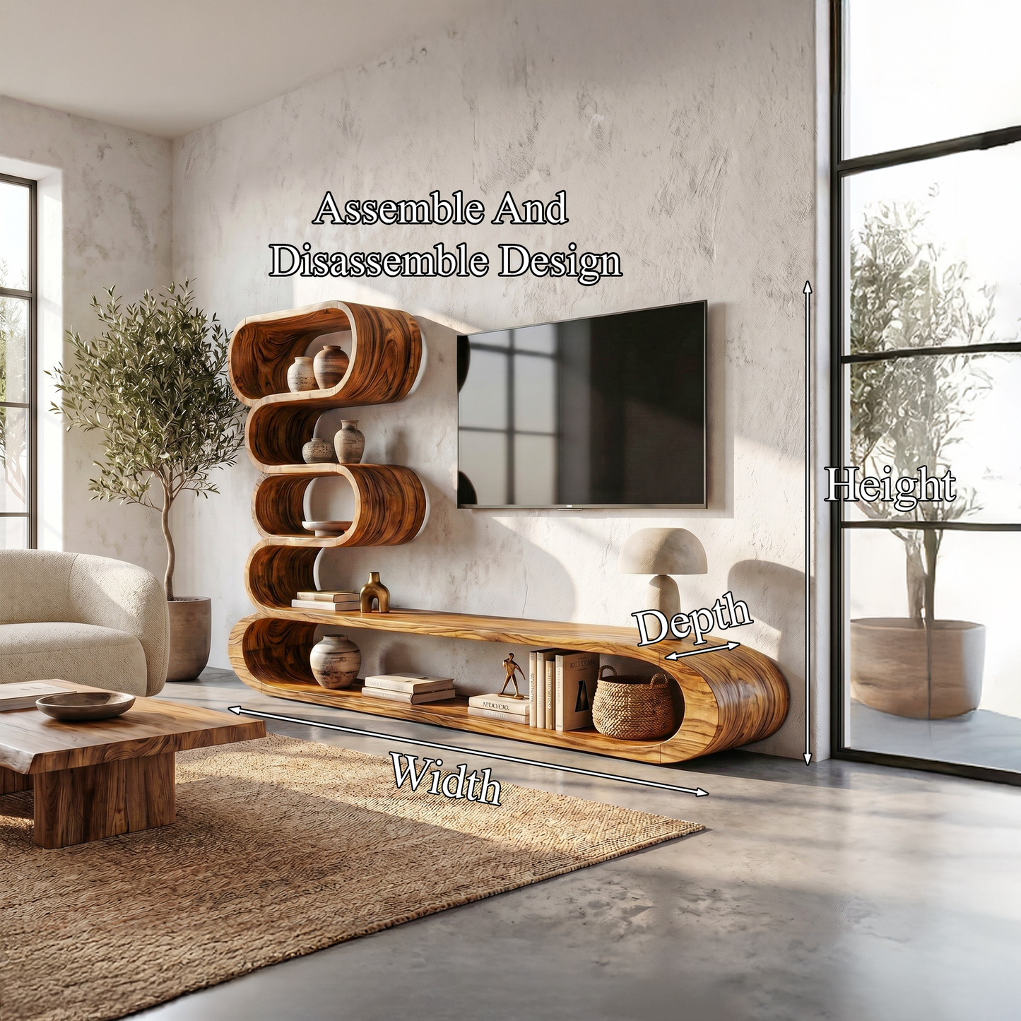 Organic TV Cabinet With Integrated Display Shelves And Rounded Storage Design For Living Room