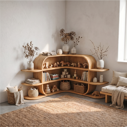 Scandinavian Arched Corner Bookshelf With Multi Tier Open Shelves For Living Room And Bedroom
