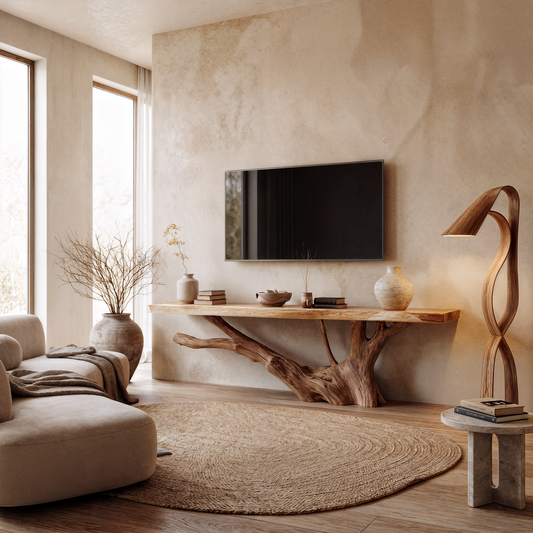 Nature Inspired TV Stand With Handcrafted Tree Root Design For Living Room