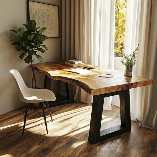 Modern Desk With Live Edge Solid Wood Top And Steel Base For Workspace