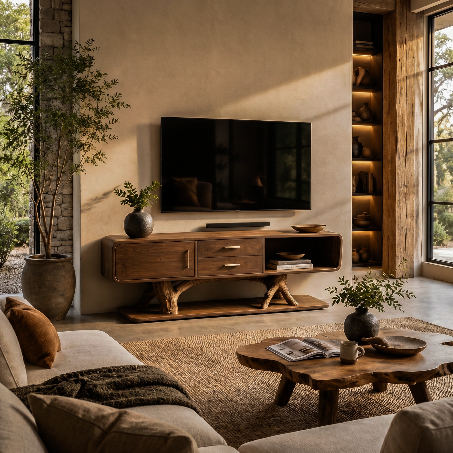 Modern Organic TV Cabinet With Built In Drawer Storage For Living Room