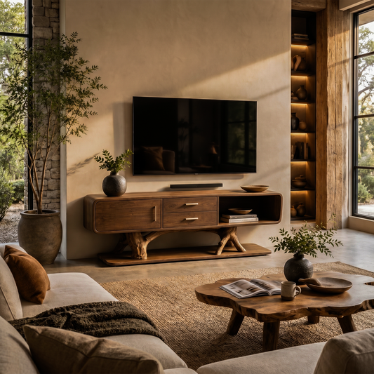 Modern Organic TV Cabinet With Built In Drawer Storage For Living Room