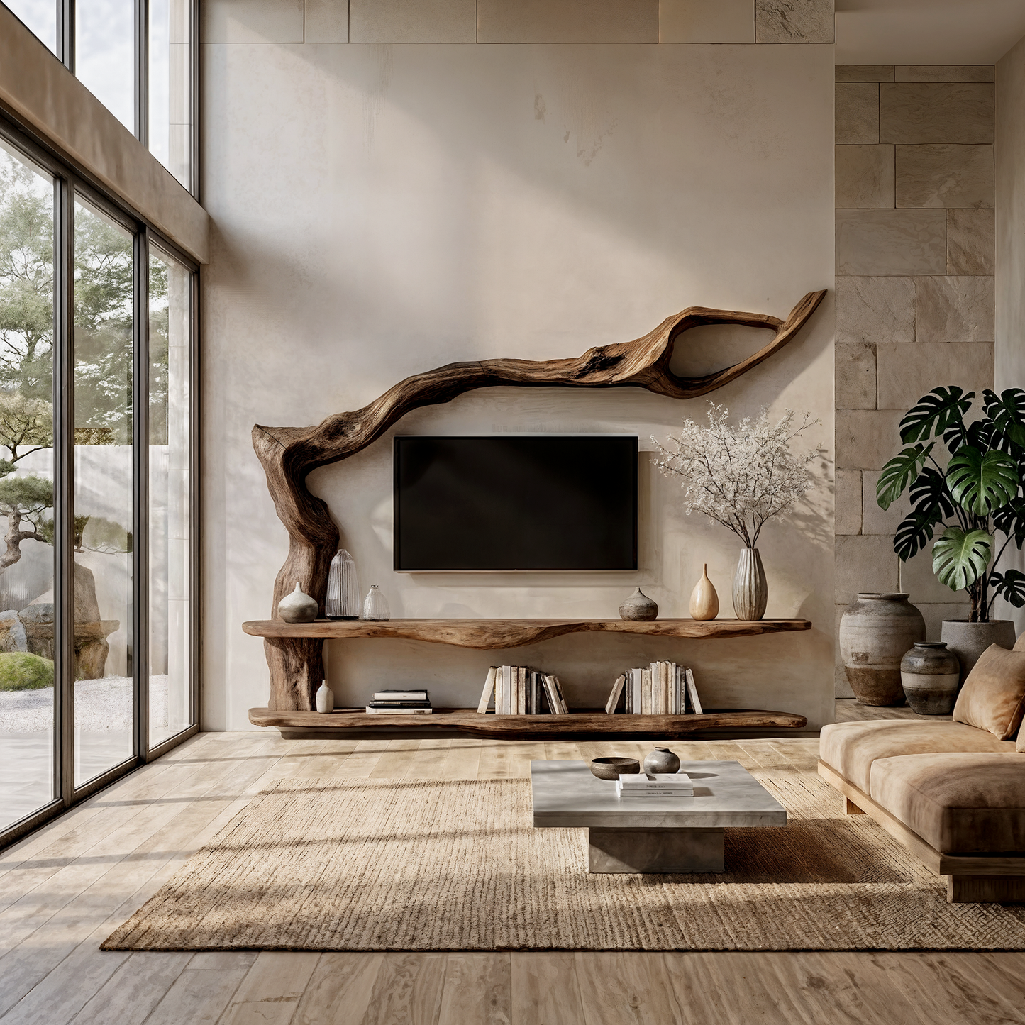 Organic Wall Mounted TV Stand With Sculptural Wood Design For Living Room