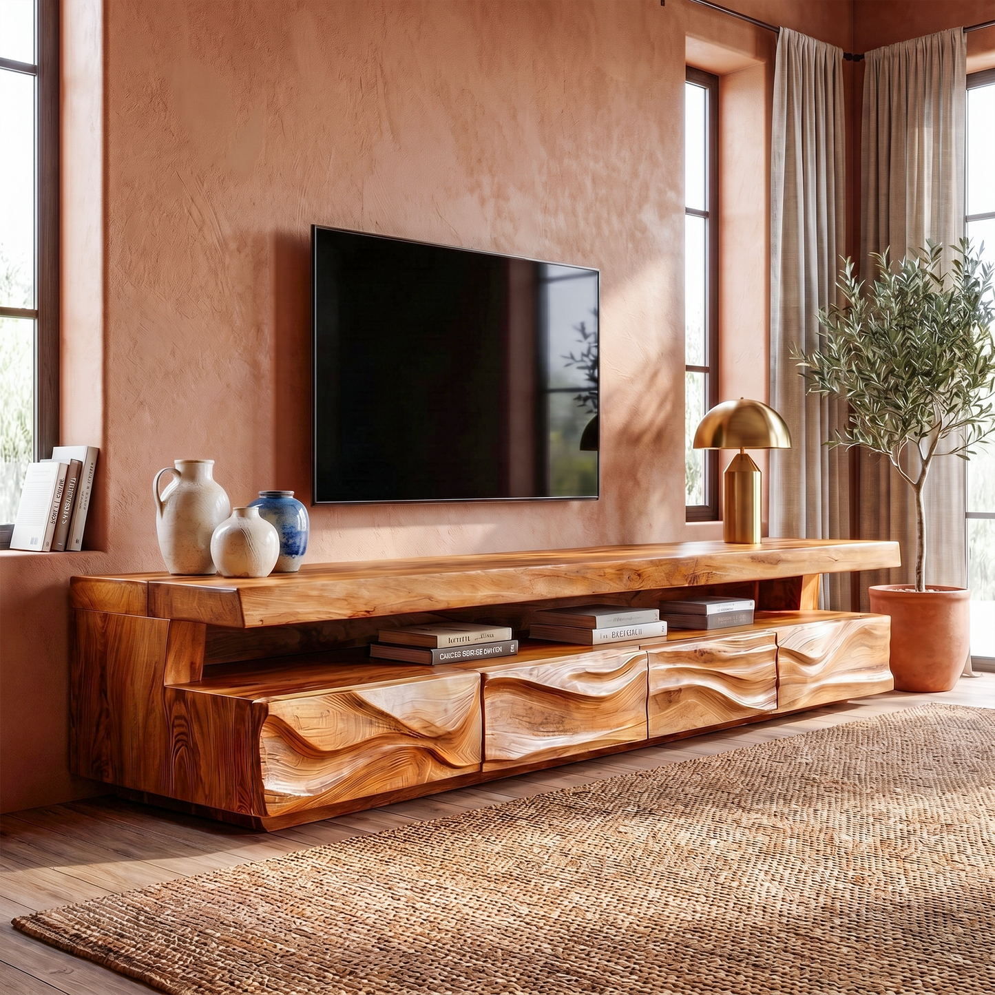 Modern TV Stand With Hand Carved Solid Wood Front And Media Storage For Living Room