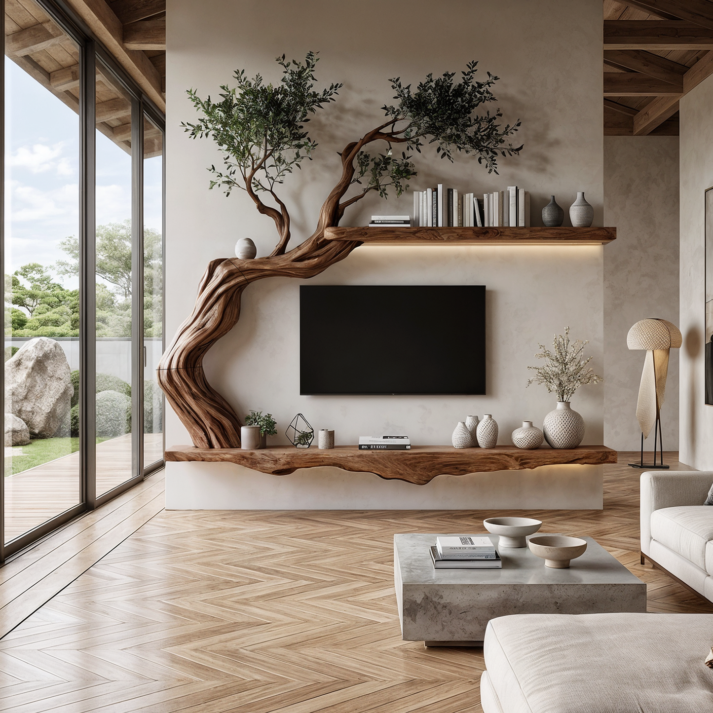 Organic Wall Mounted TV Stand With Sculptural Wood Design For Living Room