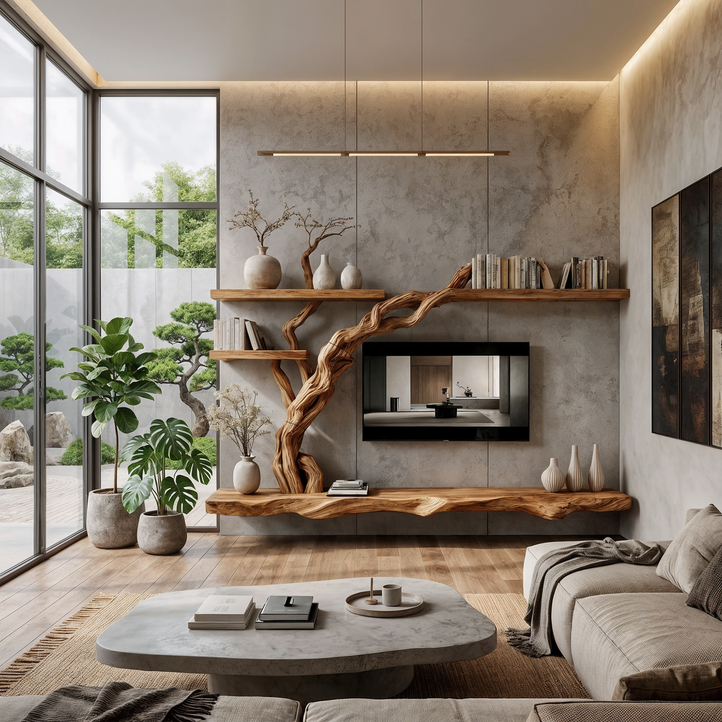 Rustic Wall Mounted TV Stand With Natural Wood Design For Living Room