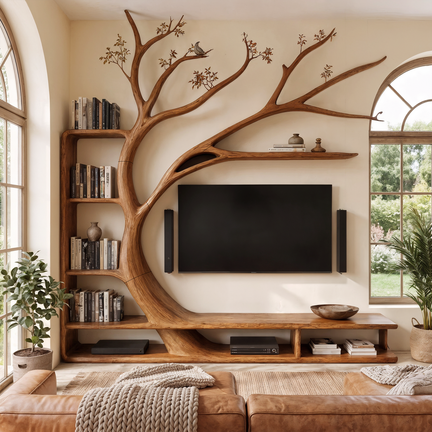Handcrafted TV Cabinet With Artistic Tree Bookcase For Living Room