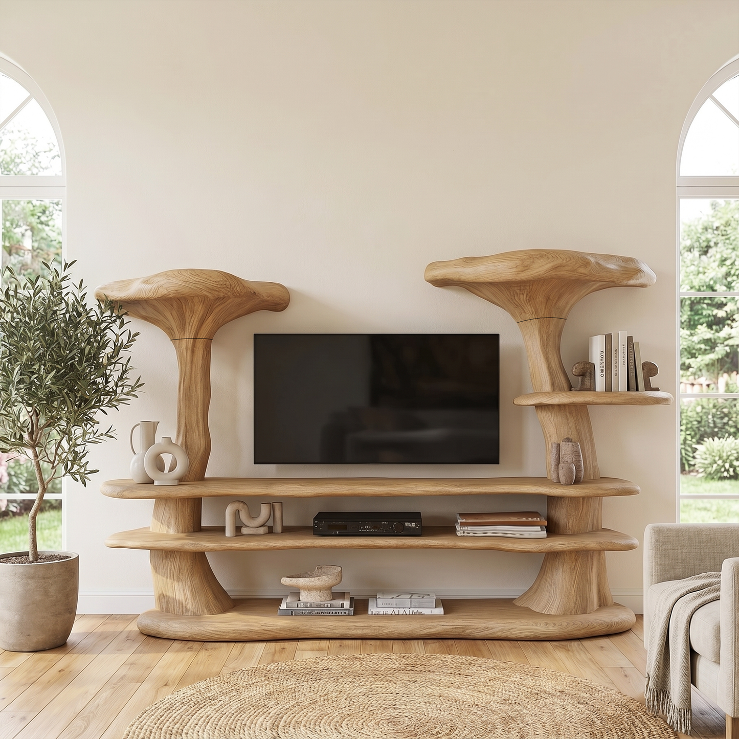 Organic Mushroom TV Stand With Sculptural Solid Wood Design For Living Room