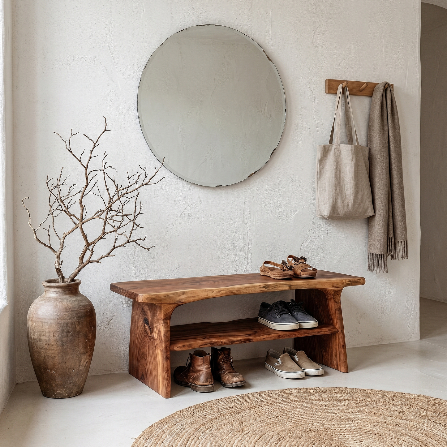 Rustic Shoe Bench With Natural Wood Storage For Entryway