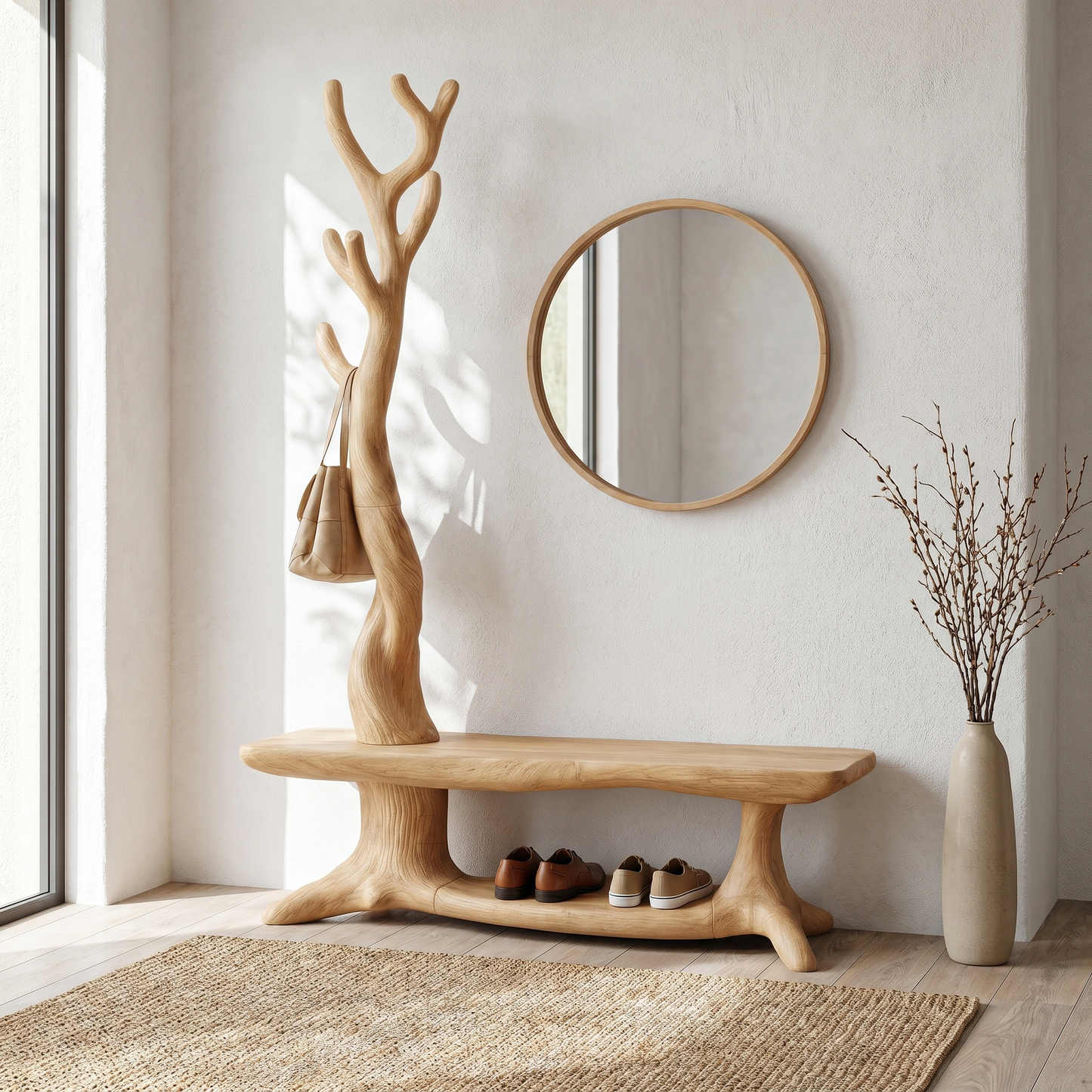 Rustic Shoe Storage Bench With Branch Coat Rack For Entryway