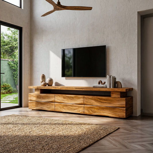 Rustic TV Cabinet With Wave Front Drawers And Open Storage Shelf For Living Room