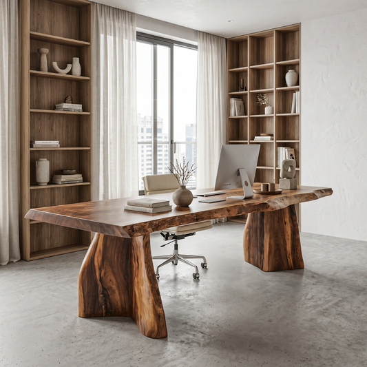 Rustic Live Edge Executive Desk With Sculptural Solid Wood Base For Home Office