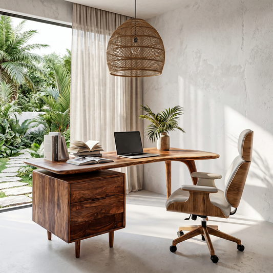 Organic Wooden Desk With Integrated Side Shelves And Built In Drawer Storage For Home Office And Workspace