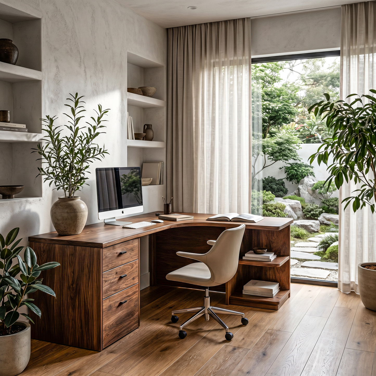 Modern Corner Desk With Built In Drawer Storage And Open Shelves For Home Office And Workspace