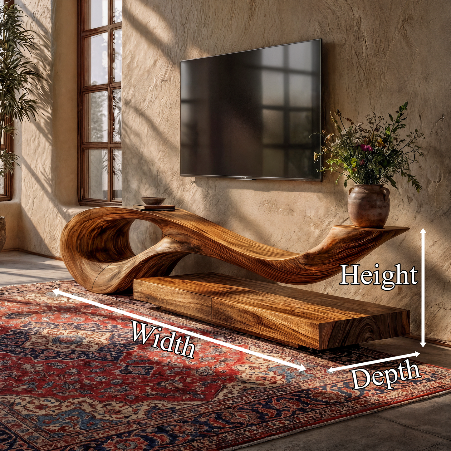 Sculptural TV Cabinet With Unique Flowing Curve Wood Base And Solid Wood Media Console For Living Room