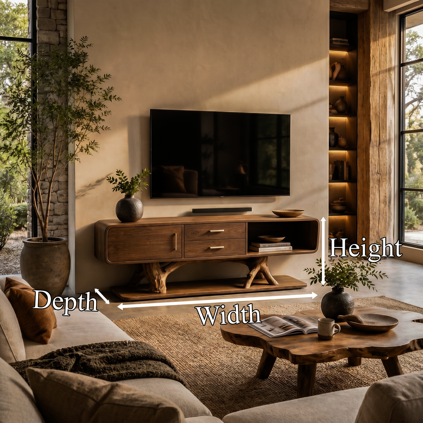 Modern Organic TV Cabinet With Built In Drawer Storage For Living Room