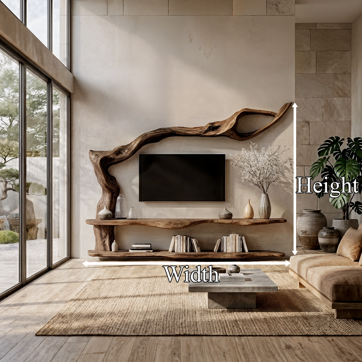 Organic Wall Mounted TV Stand With Sculptural Wood Design For Living Room