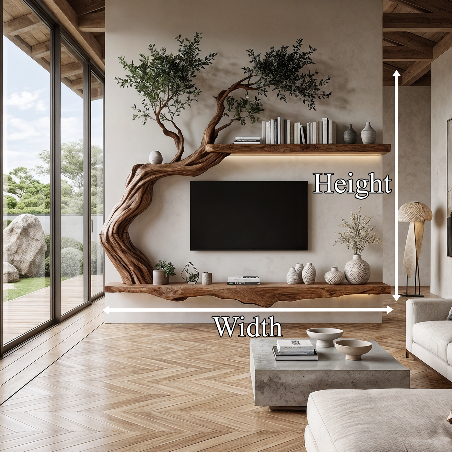 Organic Wall Mounted TV Stand With Sculptural Wood Design For Living Room
