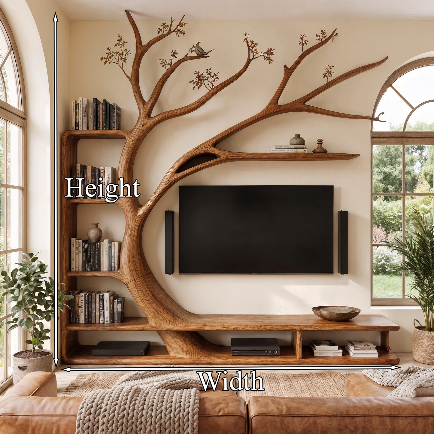 Handcrafted TV Cabinet With Artistic Tree Bookcase For Living Room