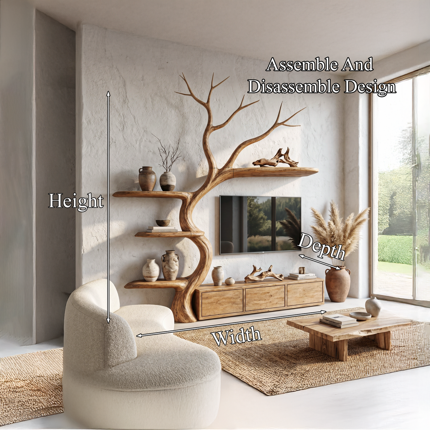 Rustic Tree Branch TV Cabinet With Integrated Display Shelves For Living Room