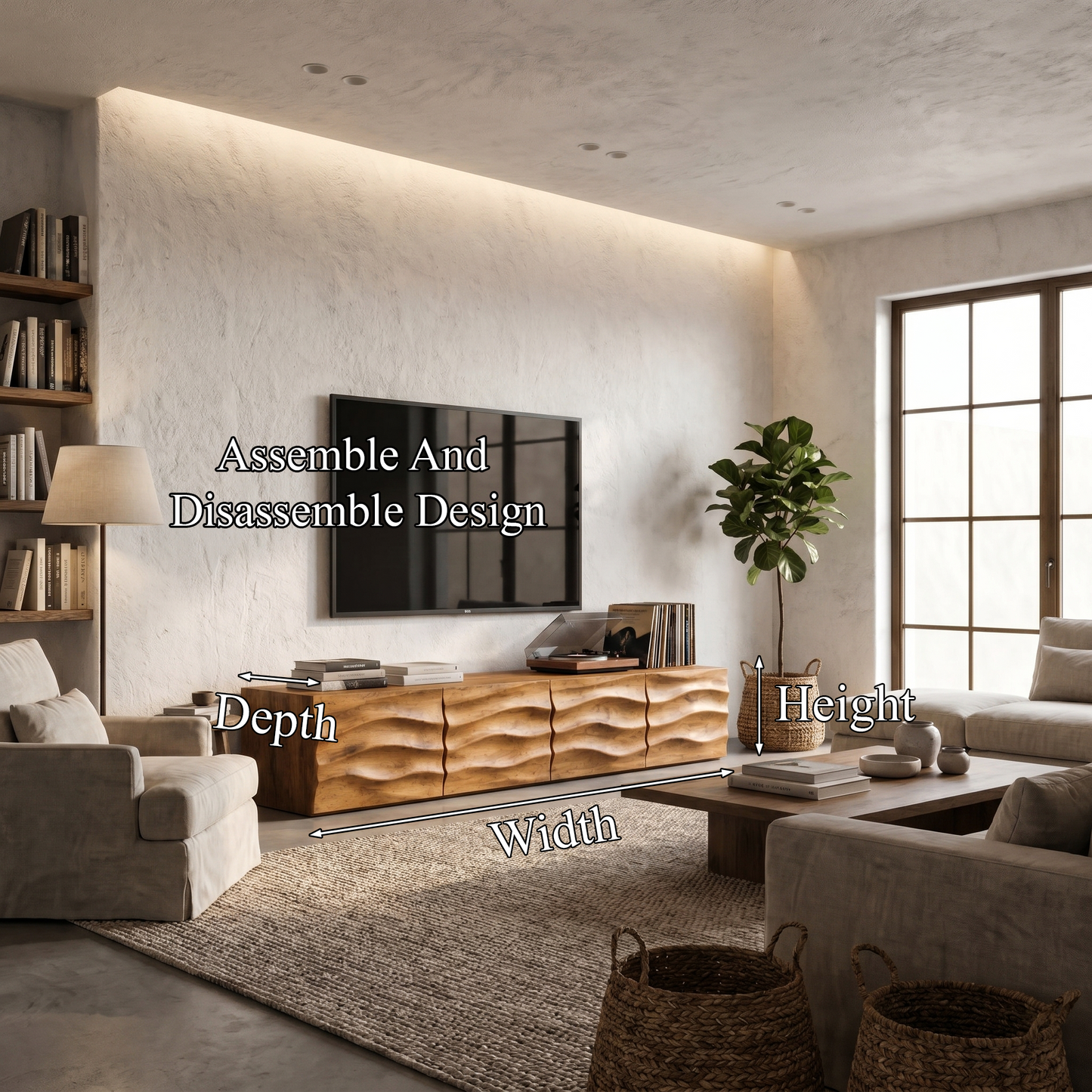 Organic TV Cabinet With Wave Front Doors And Built In Storage For Living Room
