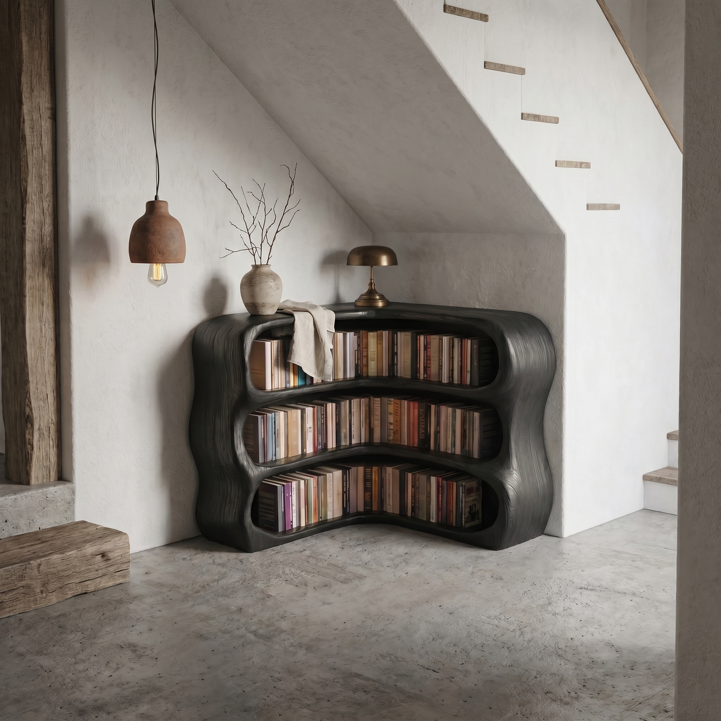 Modern Curved Bookshelf With Sculptural Open Shelves For Living Room And Bedroom