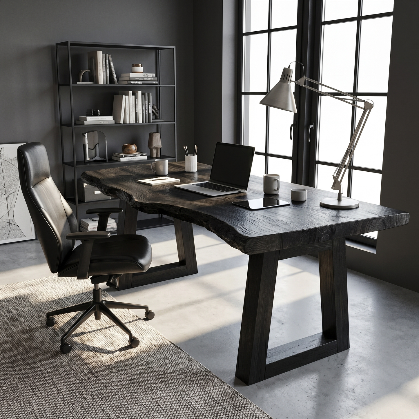 Modern Desk With Live Edge Solid Wood Top And Steel Base For Workspace