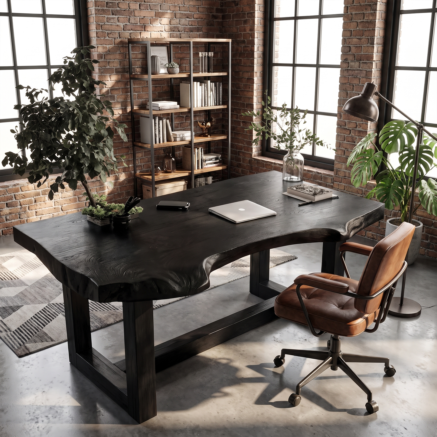 Minimal Desk With Live Edge Wooden Top For Home Office