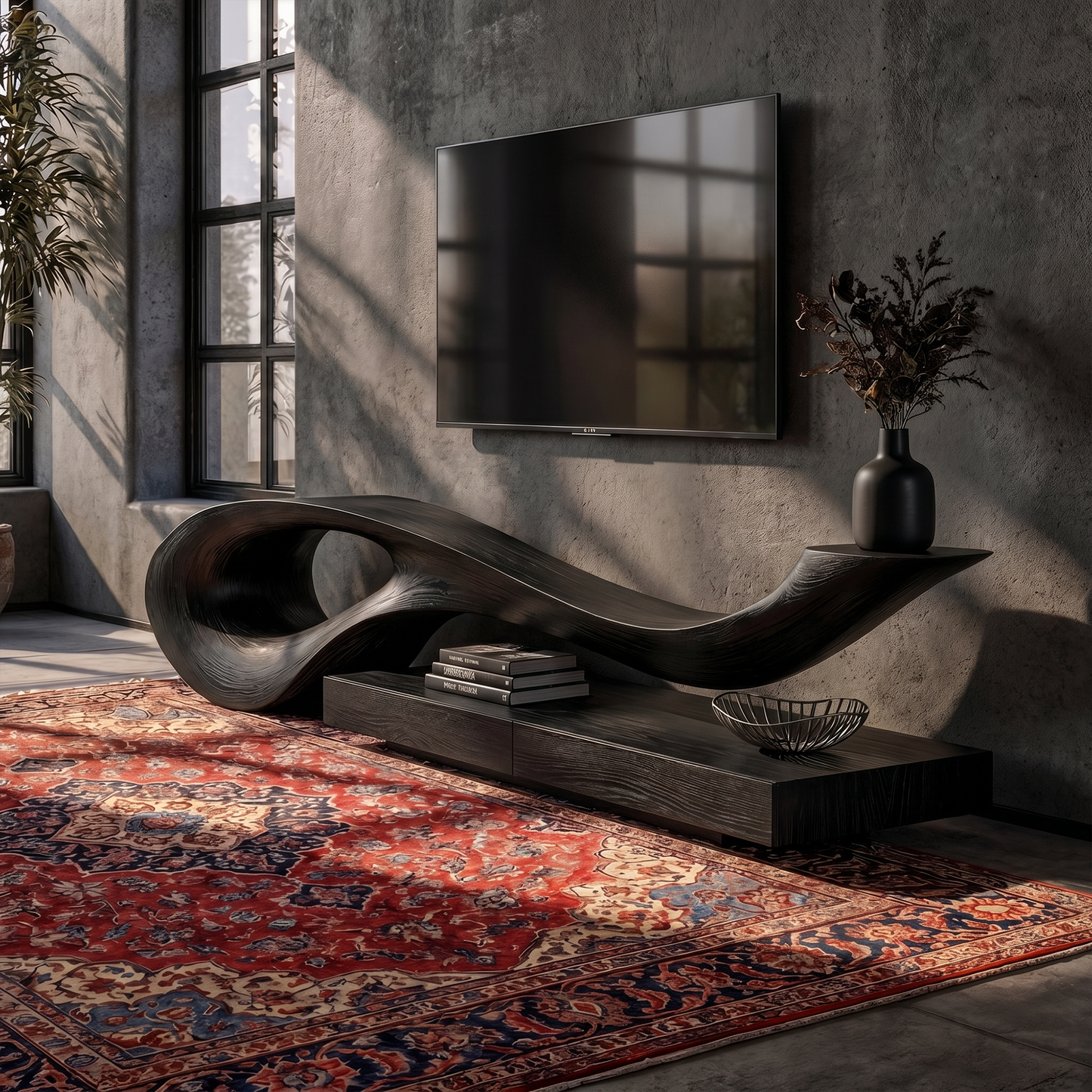 Sculptural TV Cabinet With Unique Flowing Curve Wood Base And Solid Wood Media Console For Living Room