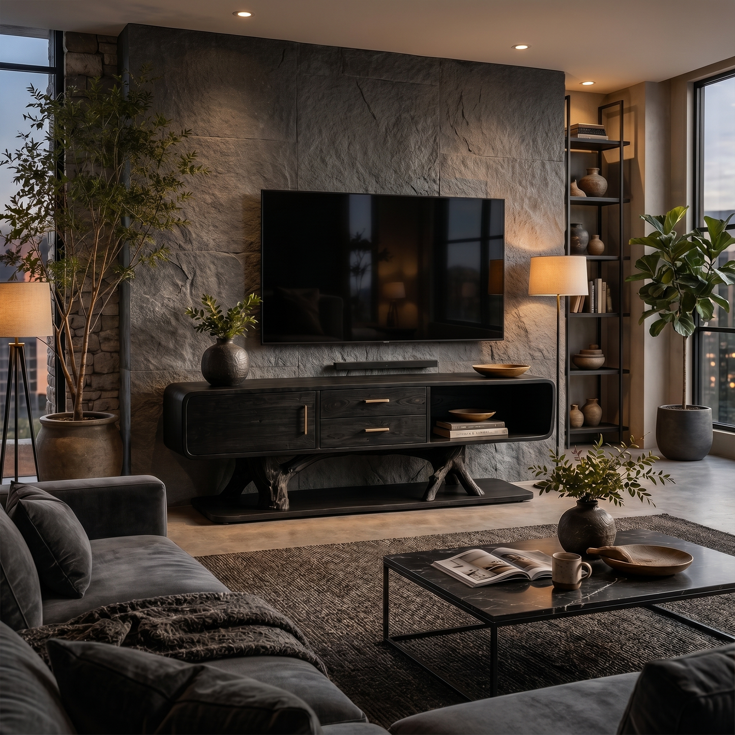 Modern Organic TV Cabinet With Built In Drawer Storage For Living Room