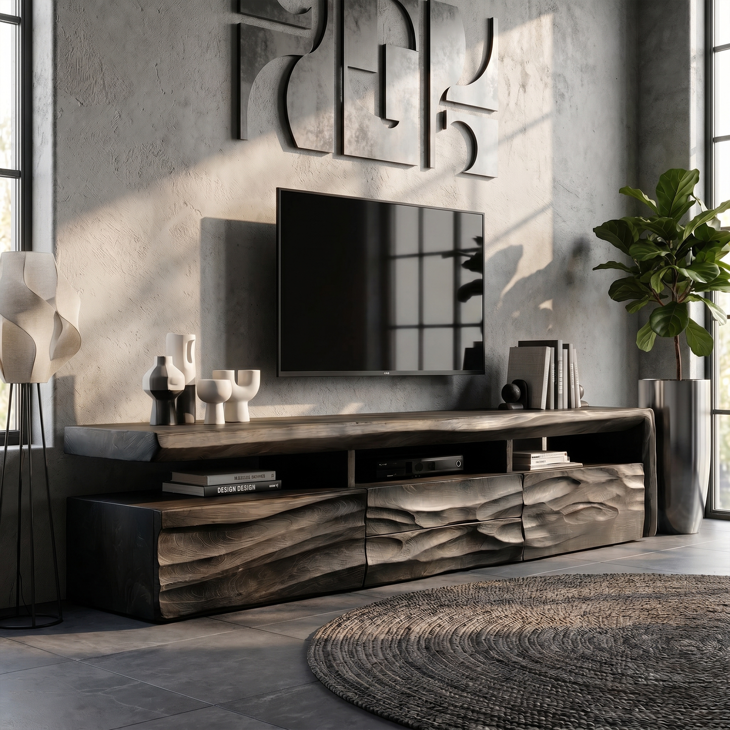 Organic TV Cabinet With Hand Carved Solid Wood Front And Open Media Storage For Living Room
