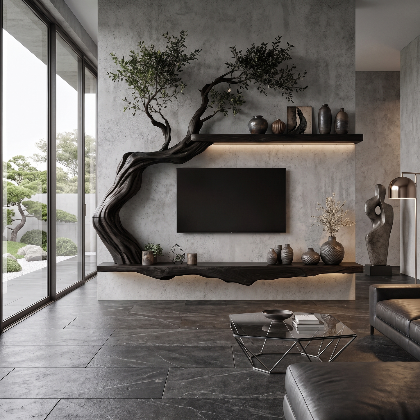 Organic Wall Mounted TV Stand With Sculptural Wood Design For Living Room