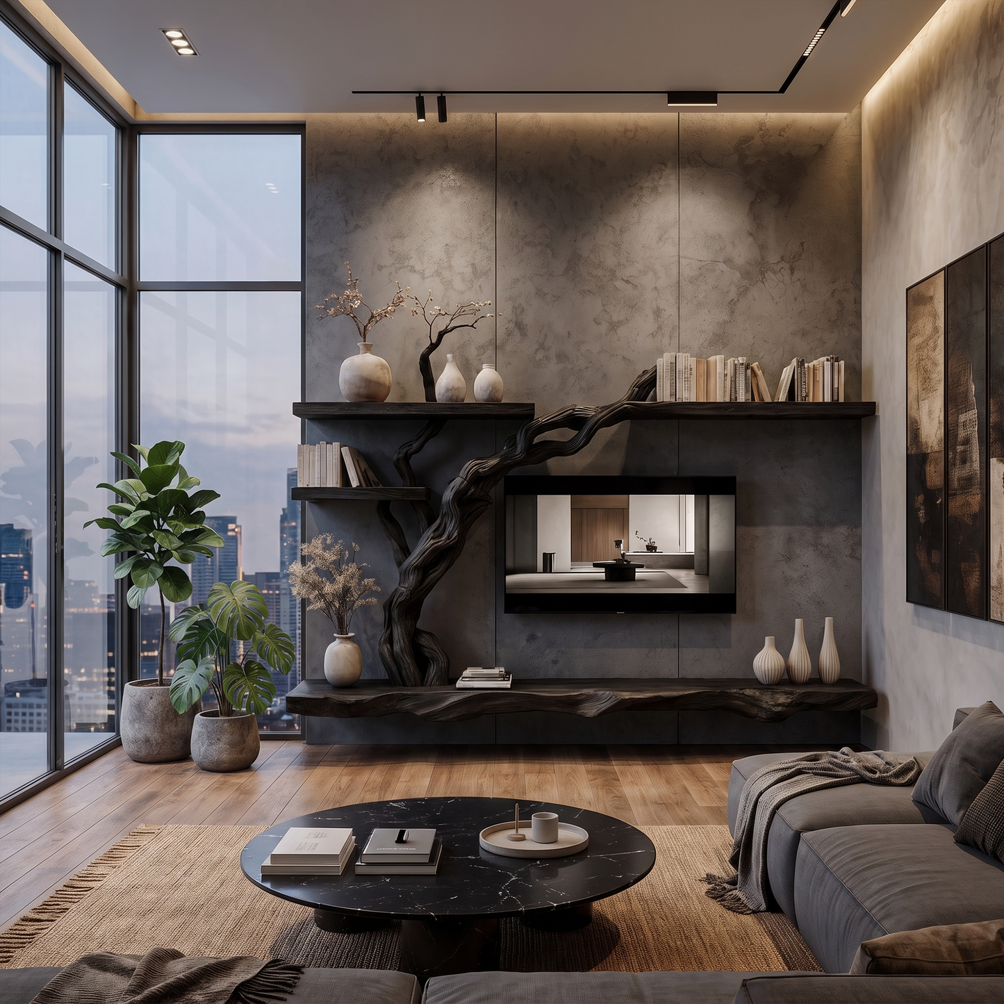 Rustic Wall Mounted TV Stand With Natural Wood Design For Living Room