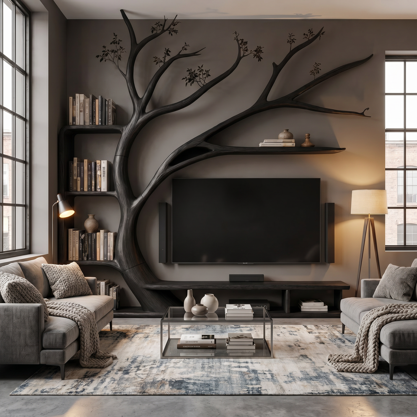 Handcrafted TV Cabinet With Artistic Tree Bookcase For Living Room