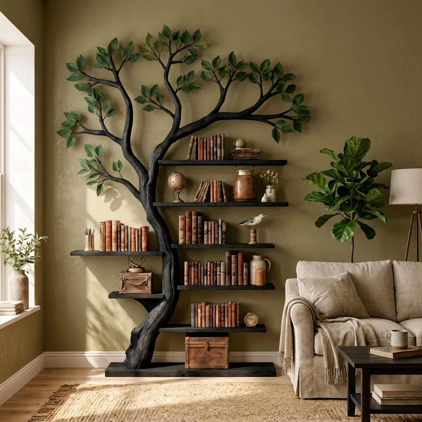 Rustic Tree Bookshelf Living Room Office Artistic Wall Display