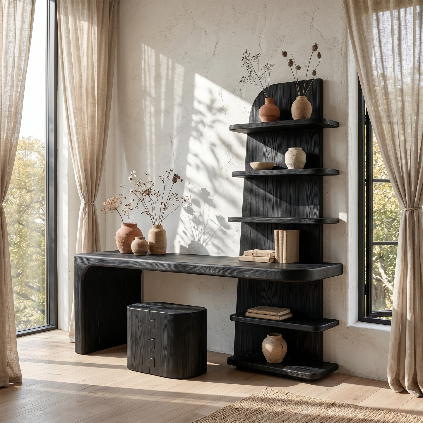 Minimal Desk With Built In Bookcase And Drawers For Study Room