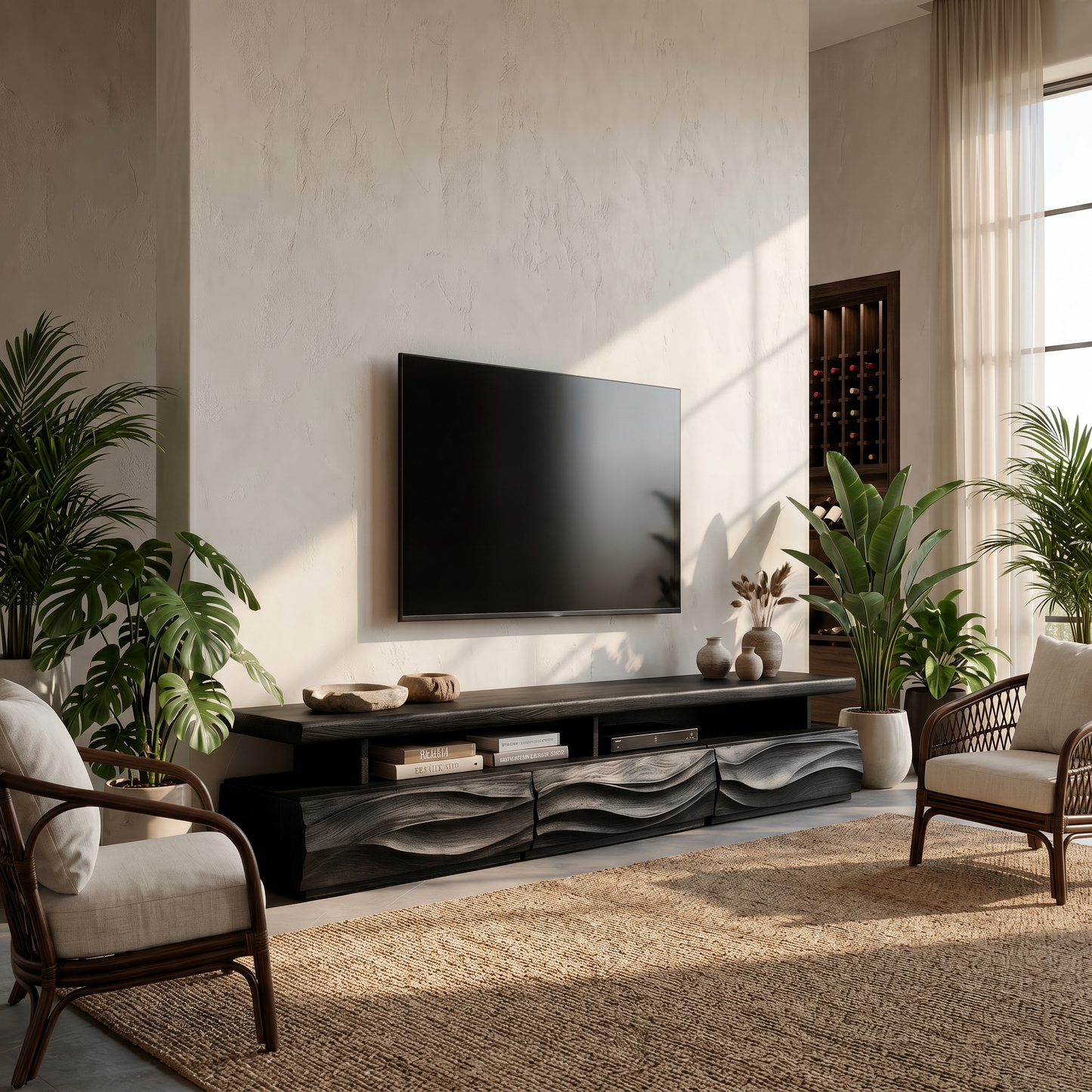 Rustic TV Cabinet With Open Storage Shelf And Wave Front Drawers For Living Room