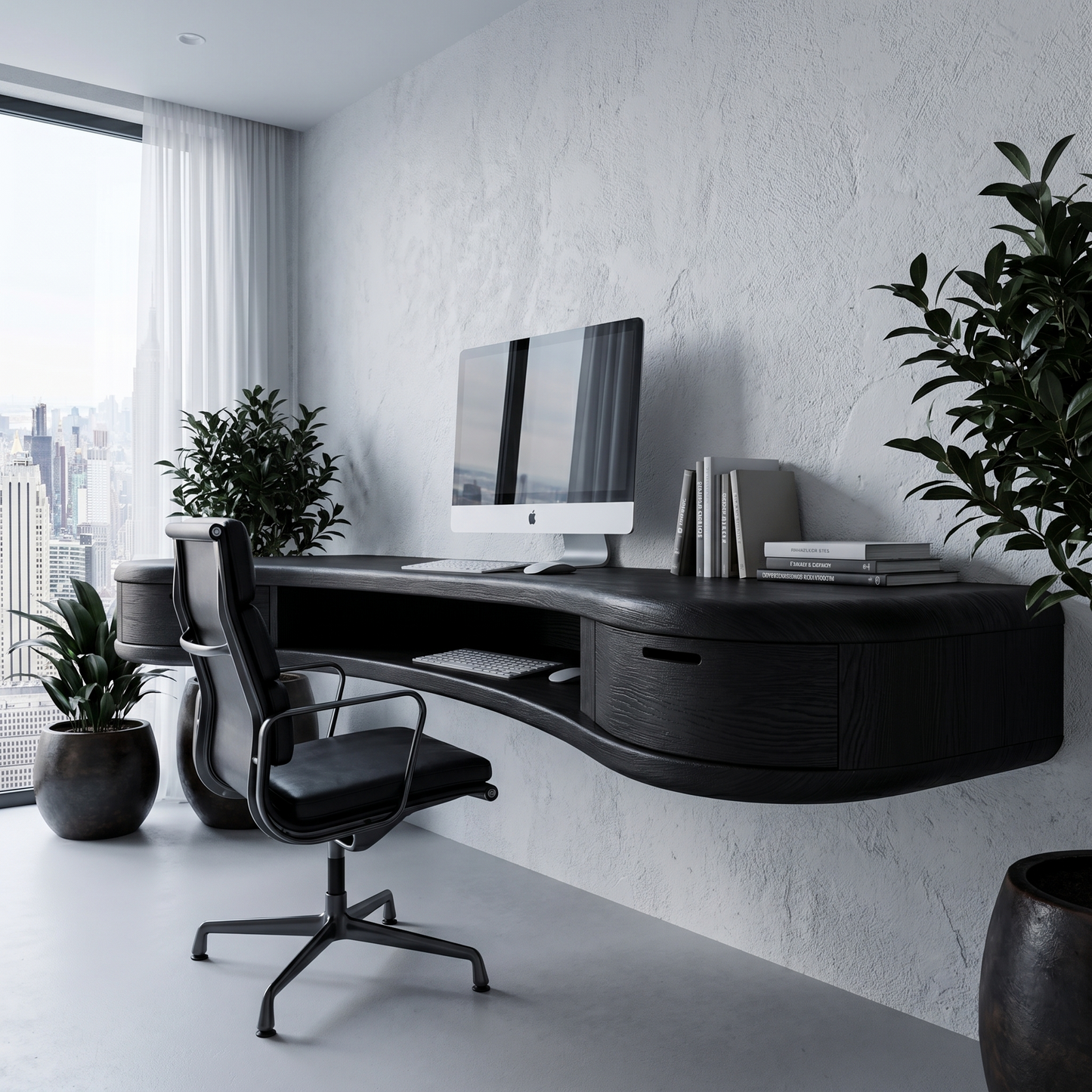 Modern Floating Desk With Built In Drawer Storage And Curved Wood Design For Home Office And Workspace