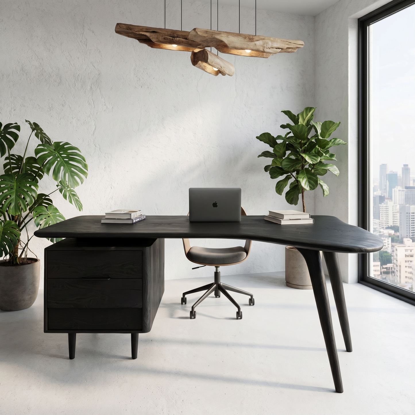 Organic Wooden Desk With Integrated Side Shelves And Built In Drawer Storage For Home Office And Workspace