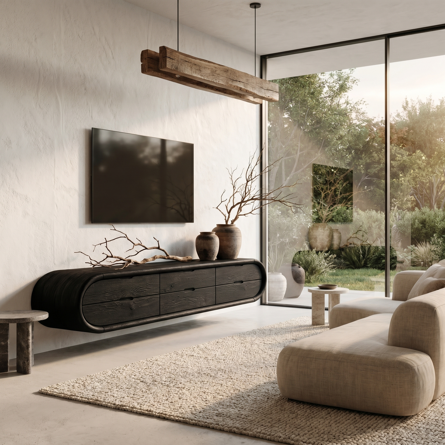Organic Floating TV Cabinet With Sculptural Curved Wood Frame For Living Room