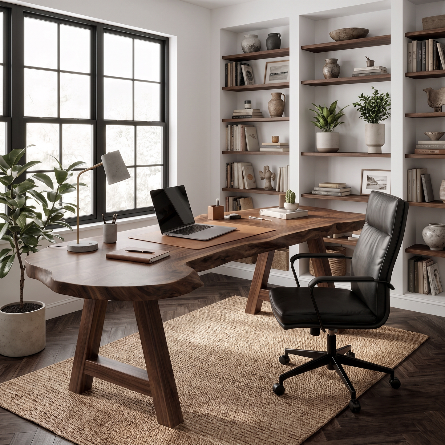 Rustic Writing Desk With Live Edge Wood Top And Metal Legs For Home Office