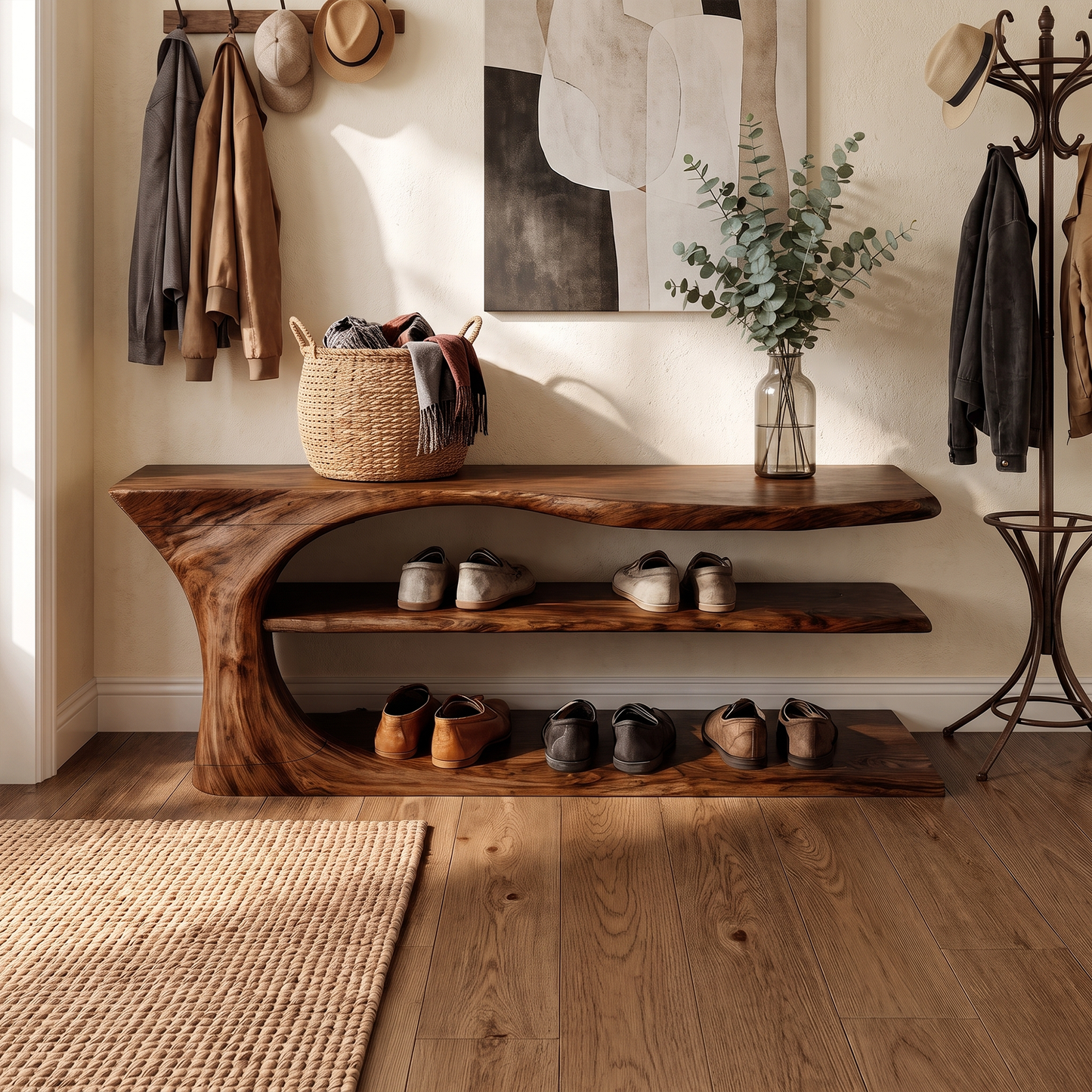 Mid Century Handcrafted Wooden Shoe Storage Bench Home