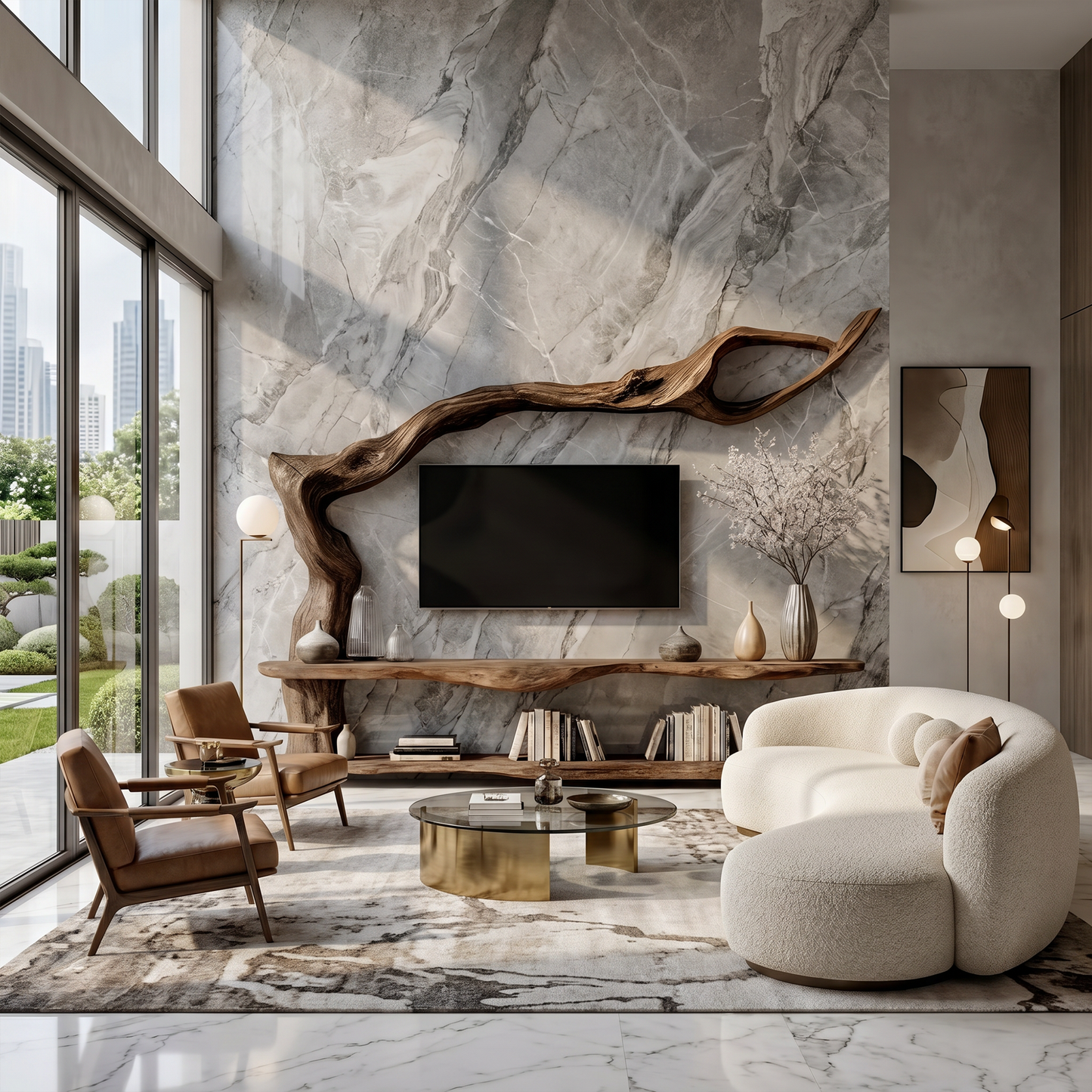 Organic Wall Mounted TV Stand With Sculptural Wood Design For Living Room