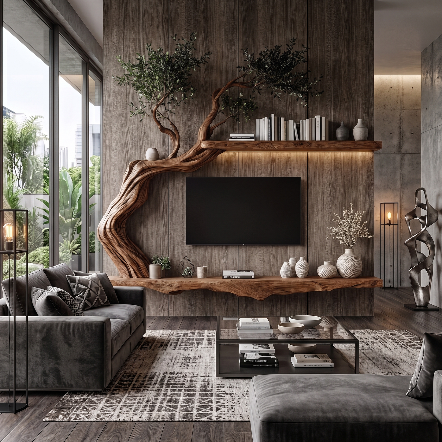 Organic Wall Mounted TV Stand With Sculptural Wood Design For Living Room