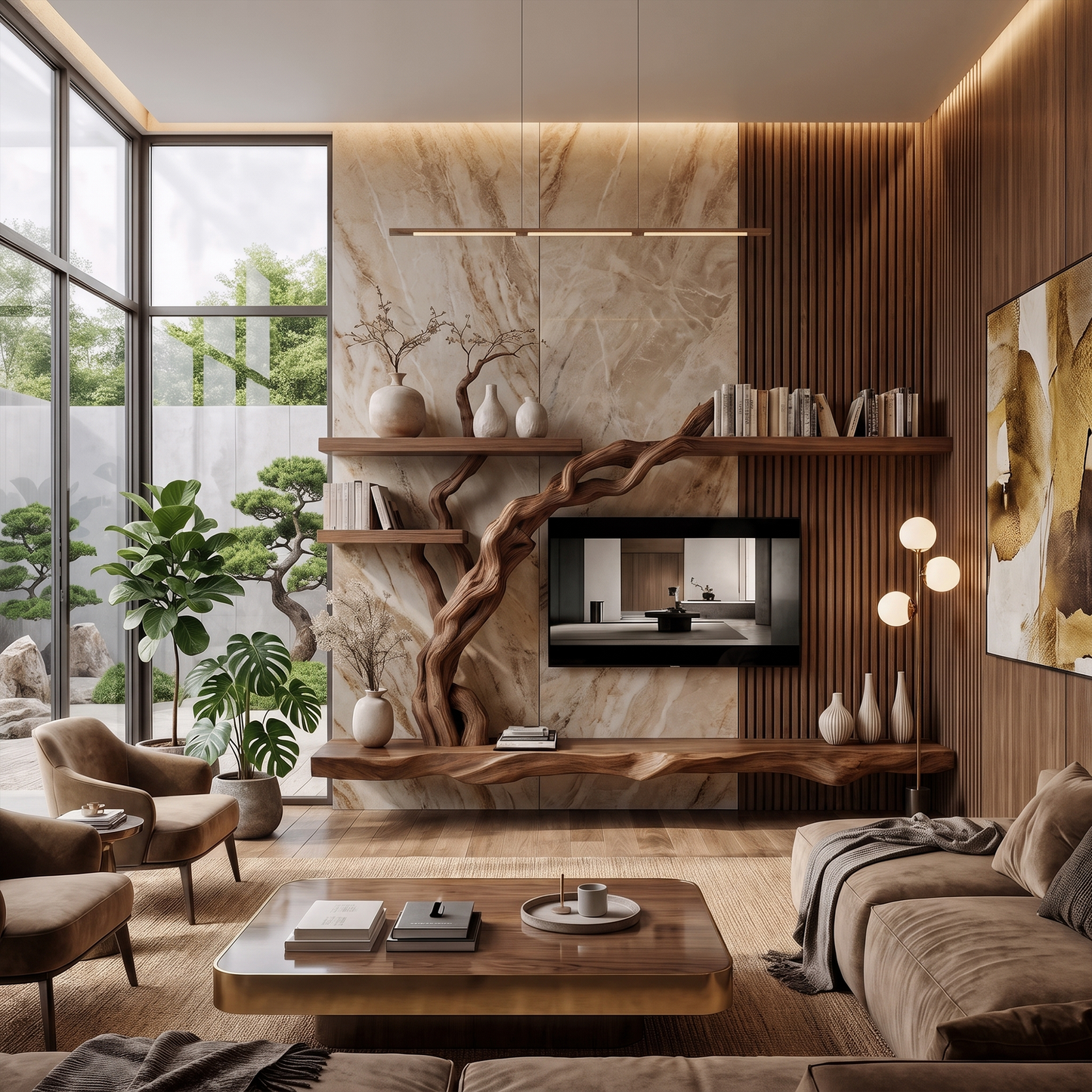 Rustic Wall Mounted TV Stand With Natural Wood Design For Living Room