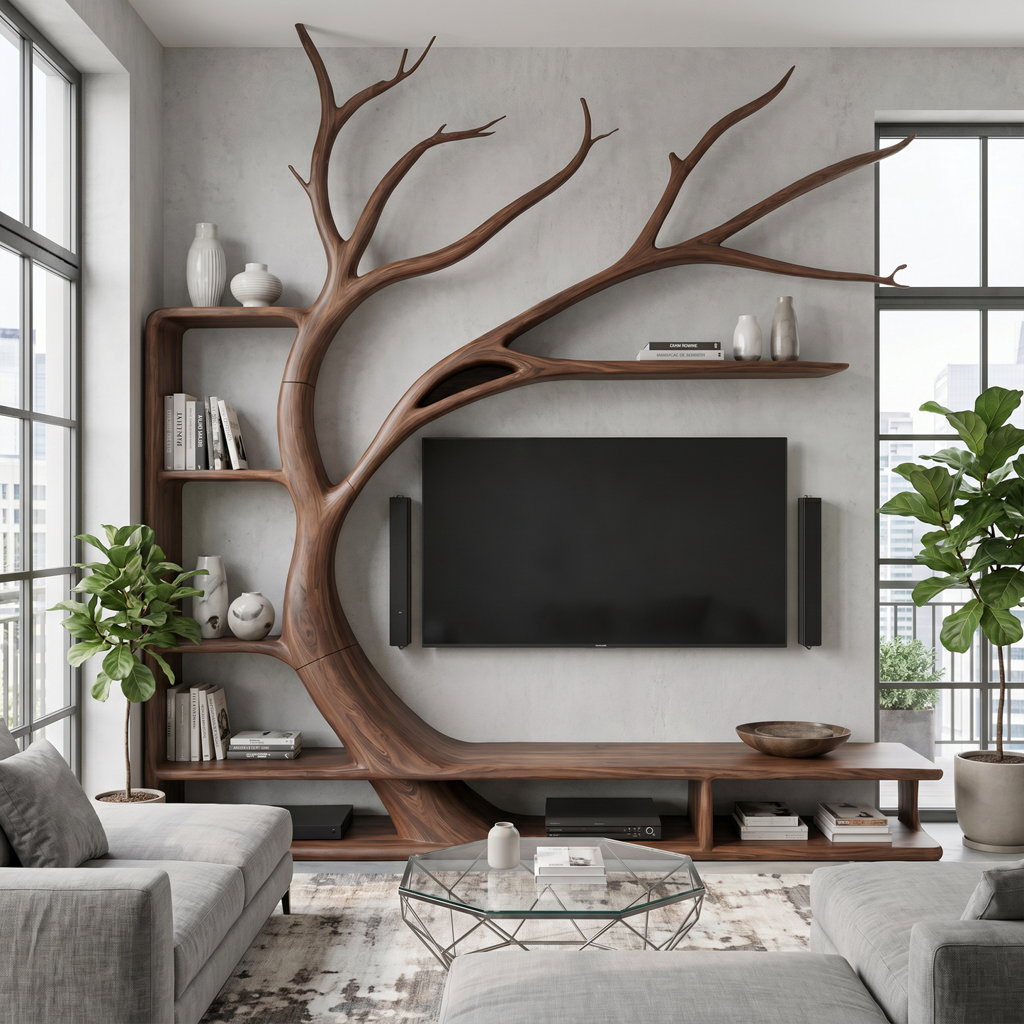 Handcrafted TV Cabinet With Artistic Tree Bookcase For Living Room