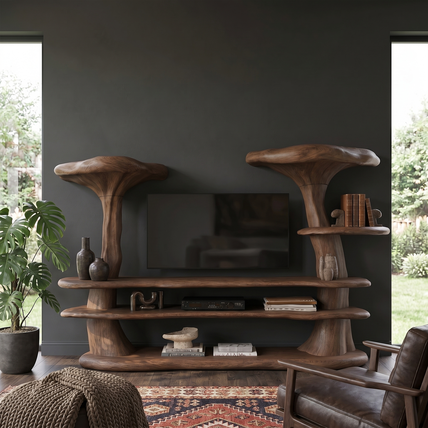Organic Mushroom TV Stand With Sculptural Solid Wood Design For Living Room
